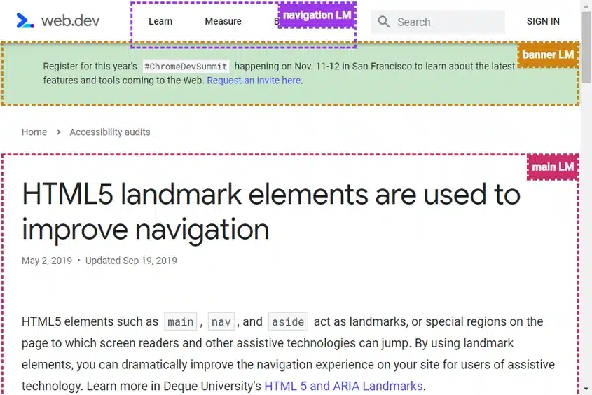HTML landmark elements example