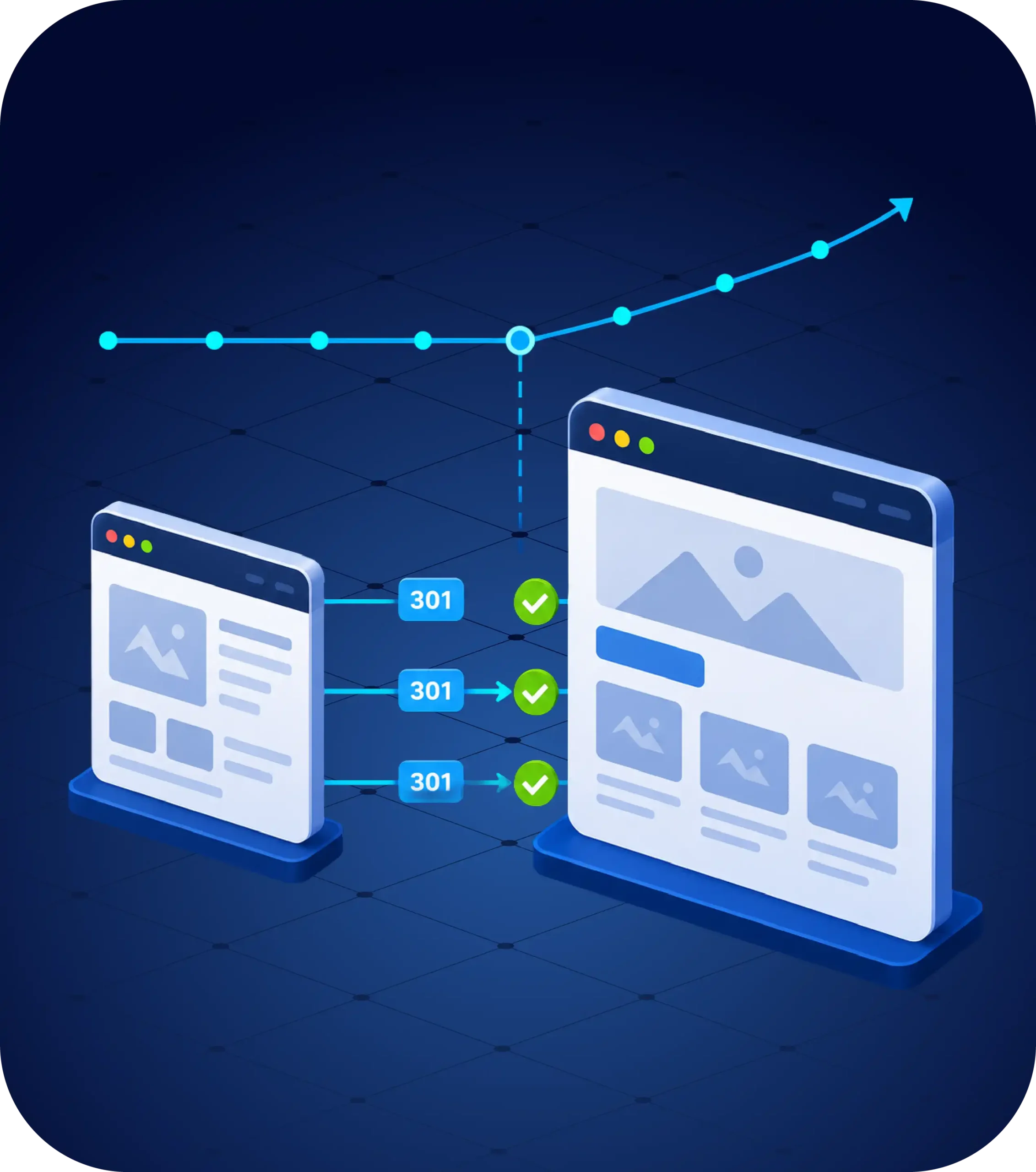 Illustration of two website pages connected by 301 redirects, with a rising analytics graph in the background.