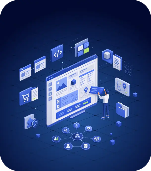 Isometric web design development ecosystem illustration