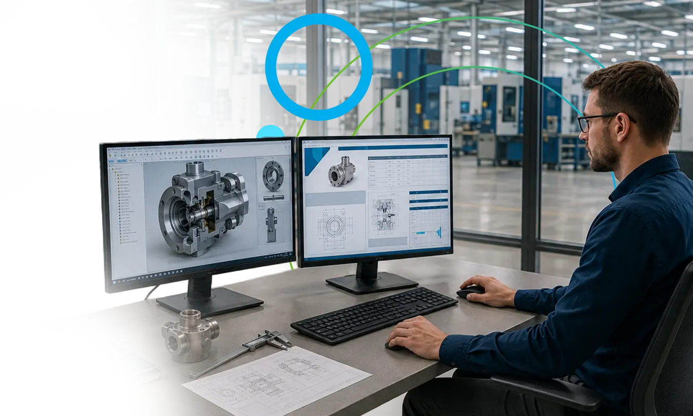 Manufacturing engineer reviewing industrial component CAD designs on dual monitors